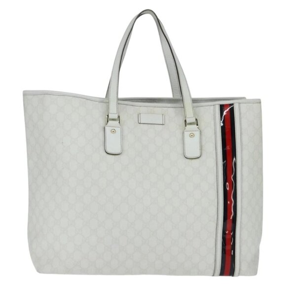 GUCCI GG Supreme Sherry Line Tote Bag PVC Leather Red White Navy Auth bs30498 - Picture 3 of 15